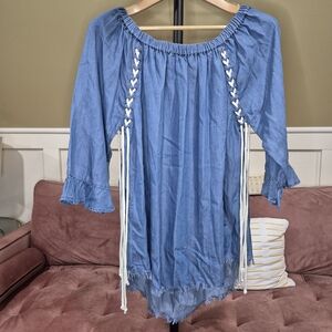 Chic Denim Blue Lace-Up Blouse